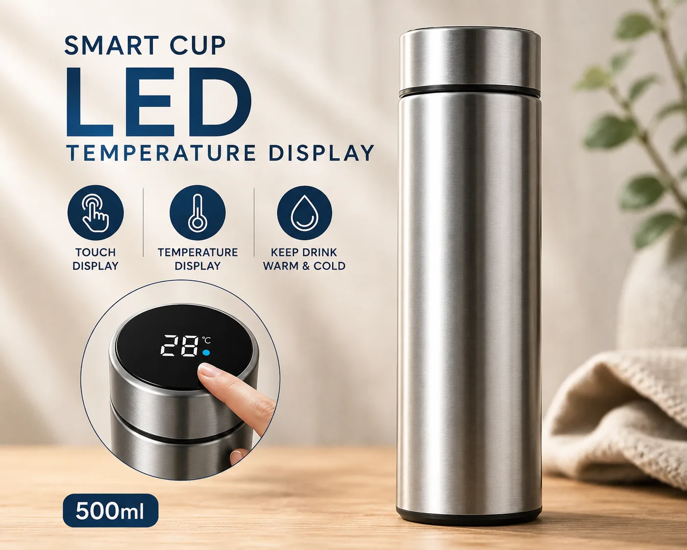 LED Temperature Display Stainless Steel Vacuum Flask- 500 ML - PG SHOP