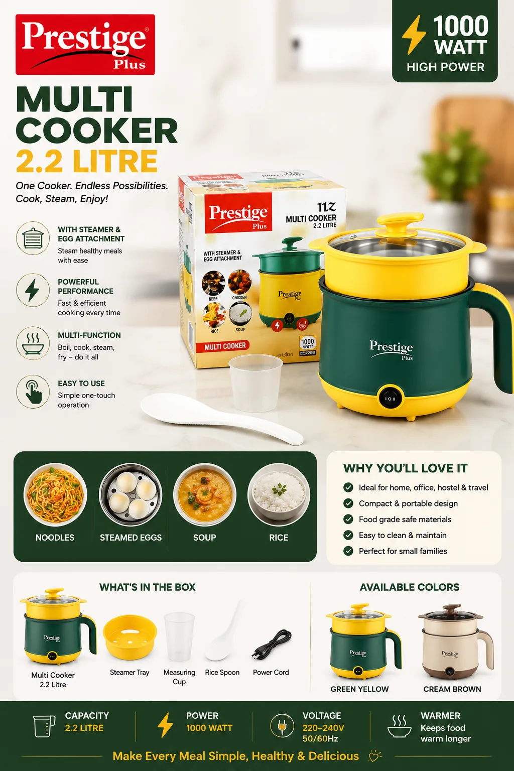 Prestige Plus 2.2L 1000W Electric Multi Cooker - PG SHOP