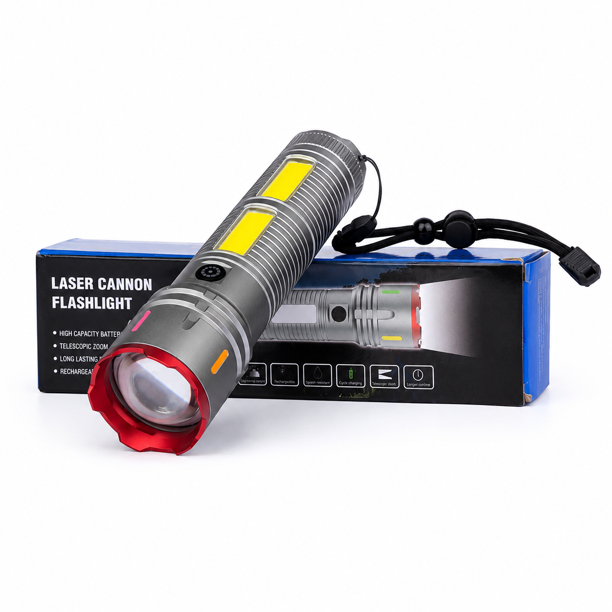Laser Cannon X03 Metal Tactical Flashlight – High-Power Long-Lasting LED Torch with Built-In Power Bank & Durable Metal Body (8.5 Inch, 445g) - PG SHOP