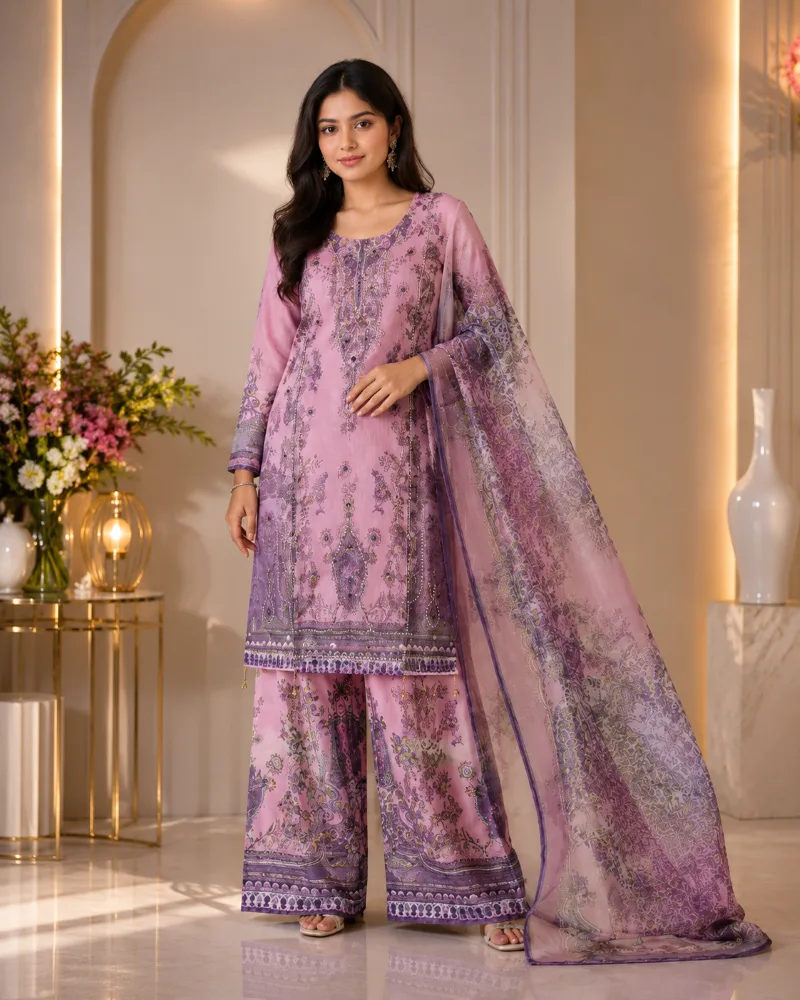 প্রিমিয়াম পিংক অর্গানজা পার্টি থ্রি-পিস - PG SHOP